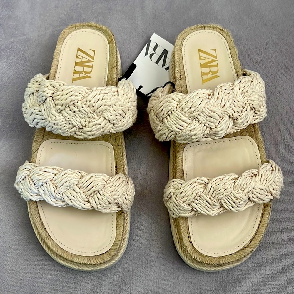 🟢 Zara Braided Band Straps Platform Slides Sandals Shoes Ivory Cream Espadrille